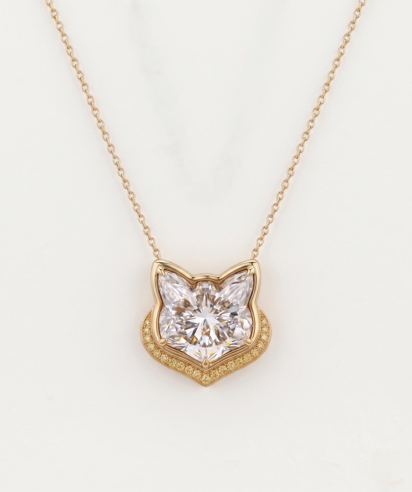 1 Karat Katzen-Diamant-Halskette, 14k Gelbgold, zierlicher, minimalistischer Katzenanhänger, gelbe Pavé-Edelsteine, Damenhalskette, besonderes Geschenk für sie. Moissanite engagement ring in Gold or Platinum — custom handcrafted by Forever For Love