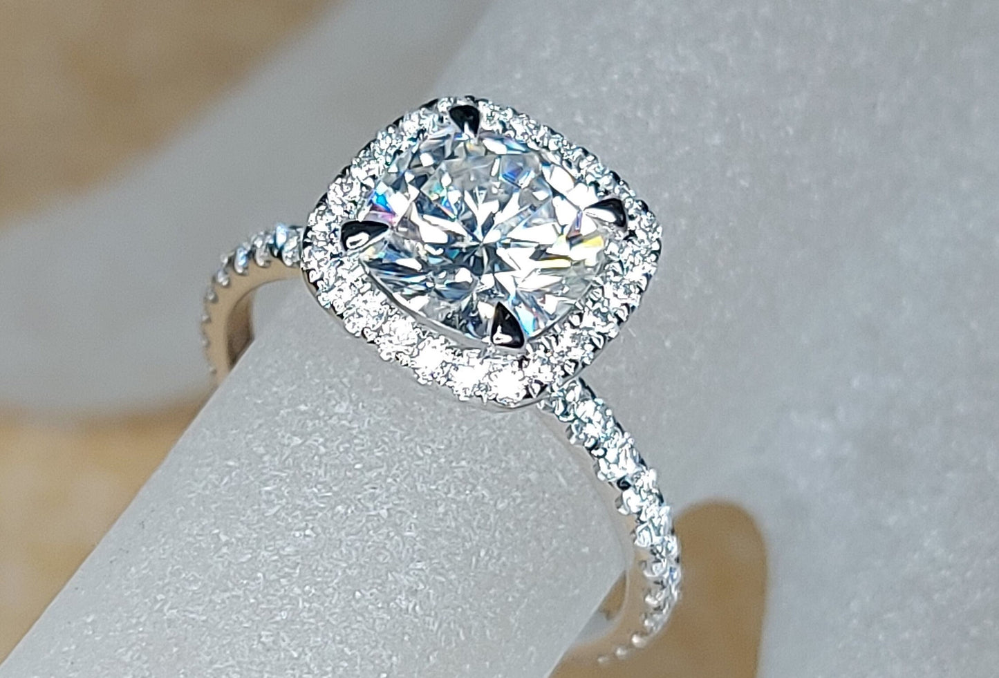 2 Ct Cushion Moissanite Halo Eternity Ring Cushion cut 1Ct Moissanite Brilliant Cut engagement ring in 935 Argentium Silver — custom handcrafted by Forever For Love