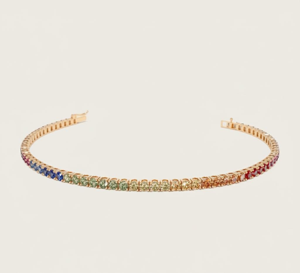 Tennisarmband mit Saphiren in 14K Multi-Color, Regenbogen-Saphir-Armband, Rundes Regenbogen-Farbverlauf-Ombre-Armband mit natürlichen Saphiren, Geschenk für sie Moissanite engagement ring in Gold or Platinum — custom handcrafted by Forever For Love