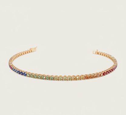 Tennisarmband mit Saphiren in 14K Multi-Color, Regenbogen-Saphir-Armband, Rundes Regenbogen-Farbverlauf-Ombre-Armband mit natürlichen Saphiren, Geschenk für sie