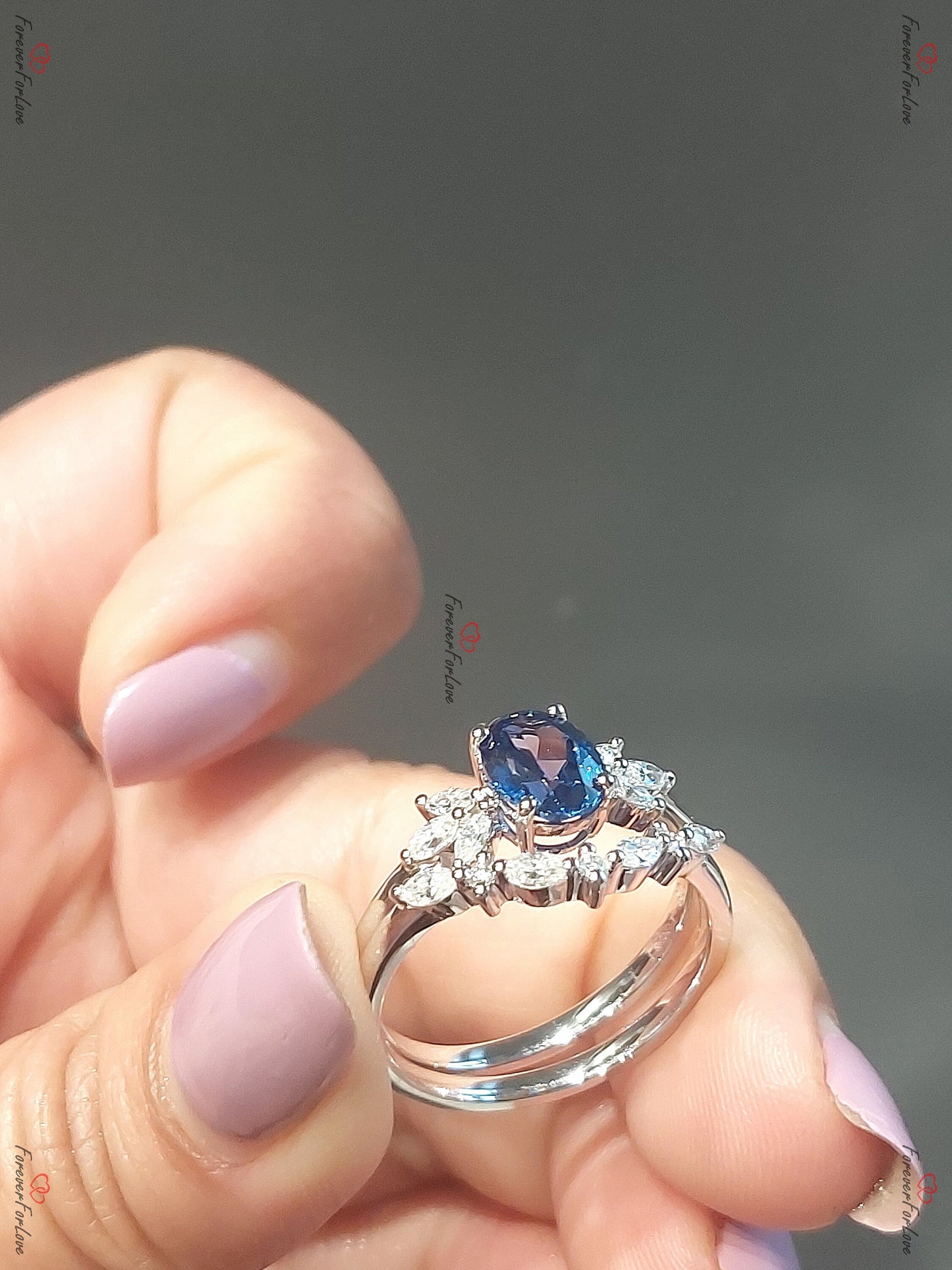 1.5 Ct Marquise Blue Sapphire Art Deco Bridal Set Marquise cut Natural Sapphire engagement ring in 935 Argentium Silver — custom handcrafted by Forever For Love