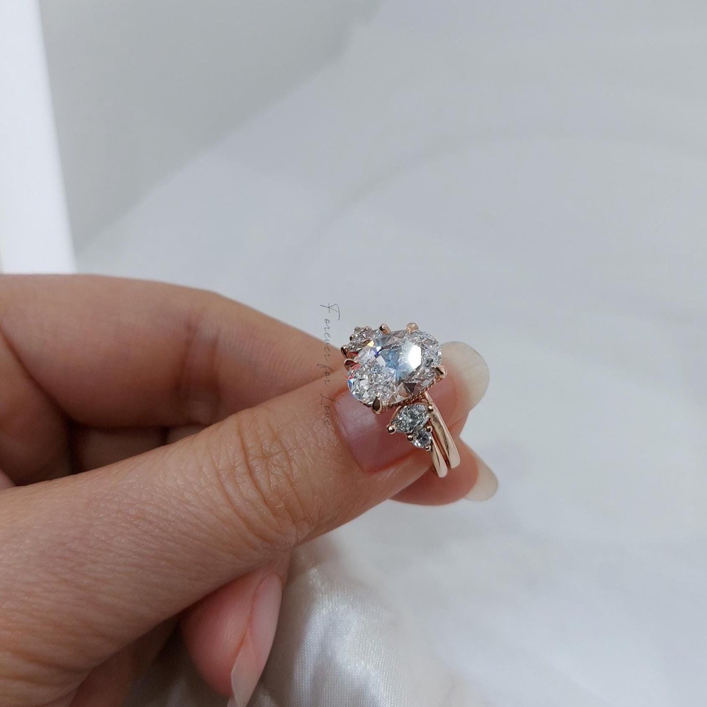 3 Ct Oval Lab Diamond with Band Bridal Set Oval cut Moissanite Brilliant Cut engagement ring in 935 Argentium Silver — custom handcrafted by Forever For Love