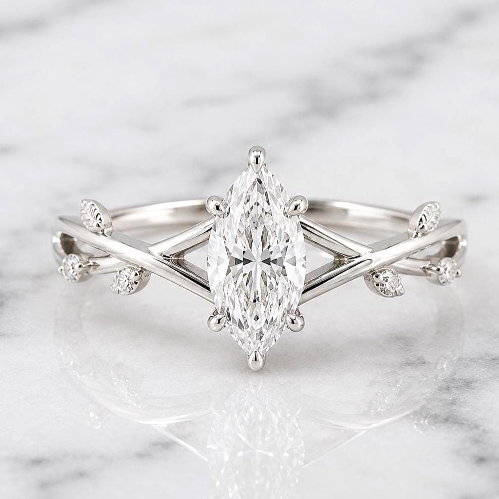 Nature inspired Marquise Diamond Engagement Ring Lab Grown Diamond With Round side stones Six Claw Prong Setting Ring Gift