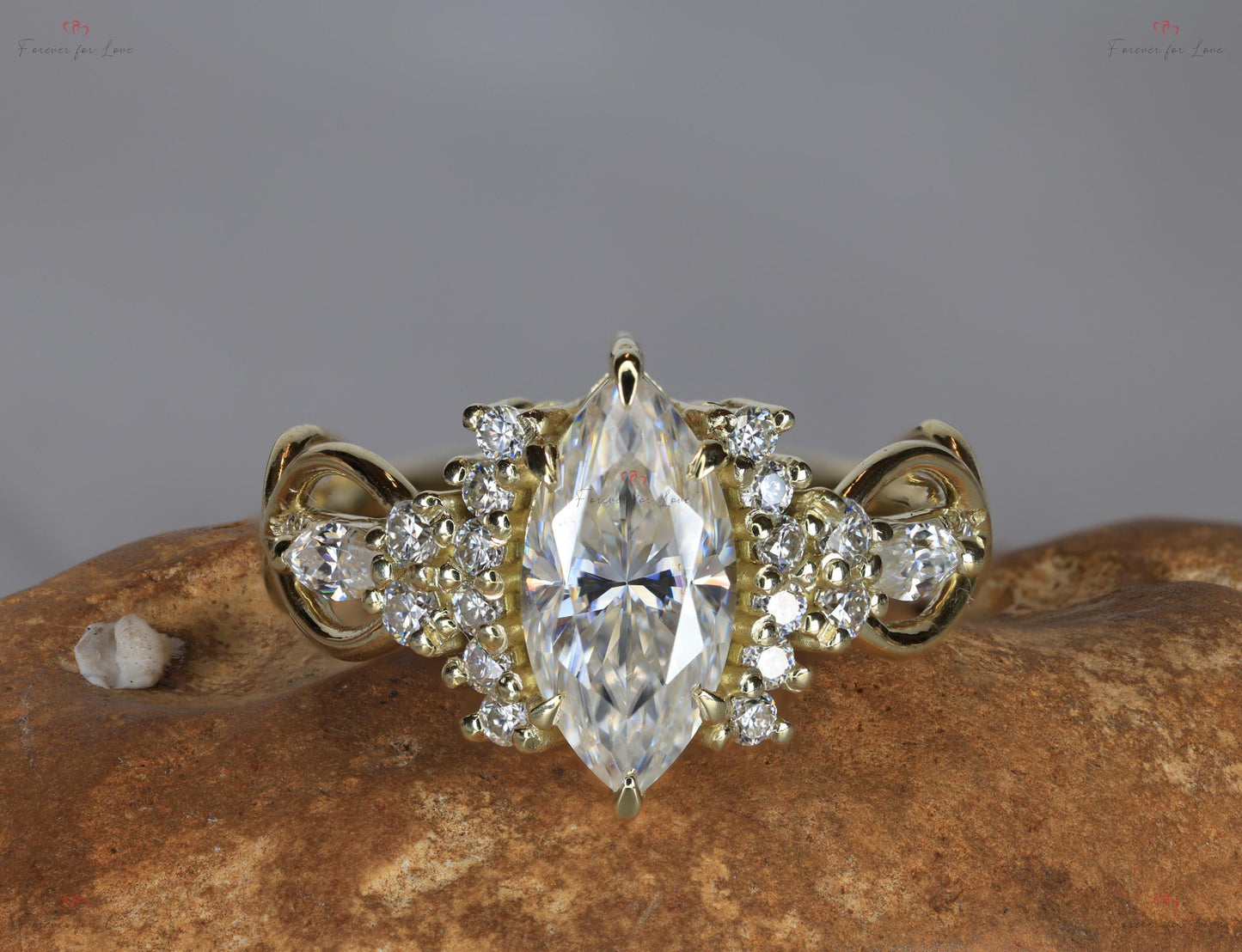 1 Ct Marquise Lab Diamond with Round Diamond Band Ring Marquise cut Moissanite Brilliant Cut engagement ring in 935 Argentium Silver — custom handcrafted by Forever For Love