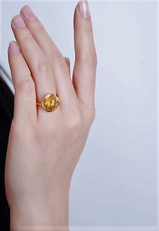 Round Natural Diamond, Citrine Ring