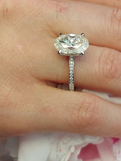 4 Ct Oval Diamond, Moissanite Hidden Halo Engagement Ring