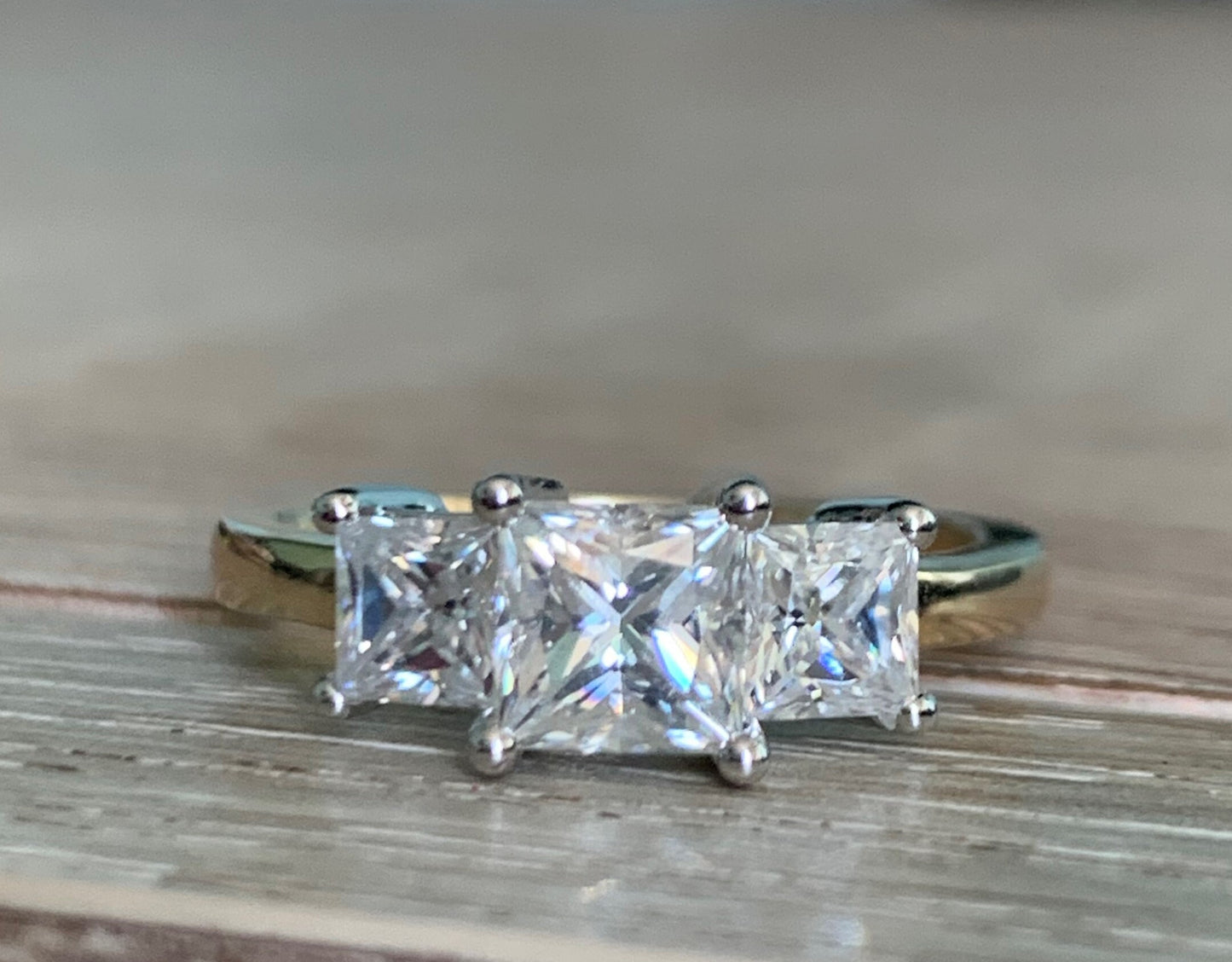 Princess Diamond, Moissanite Three Stone Engagement Ring Princess cut Moissanite engagement ring in Gold or Platinum — custom handcrafted by Forever For Love