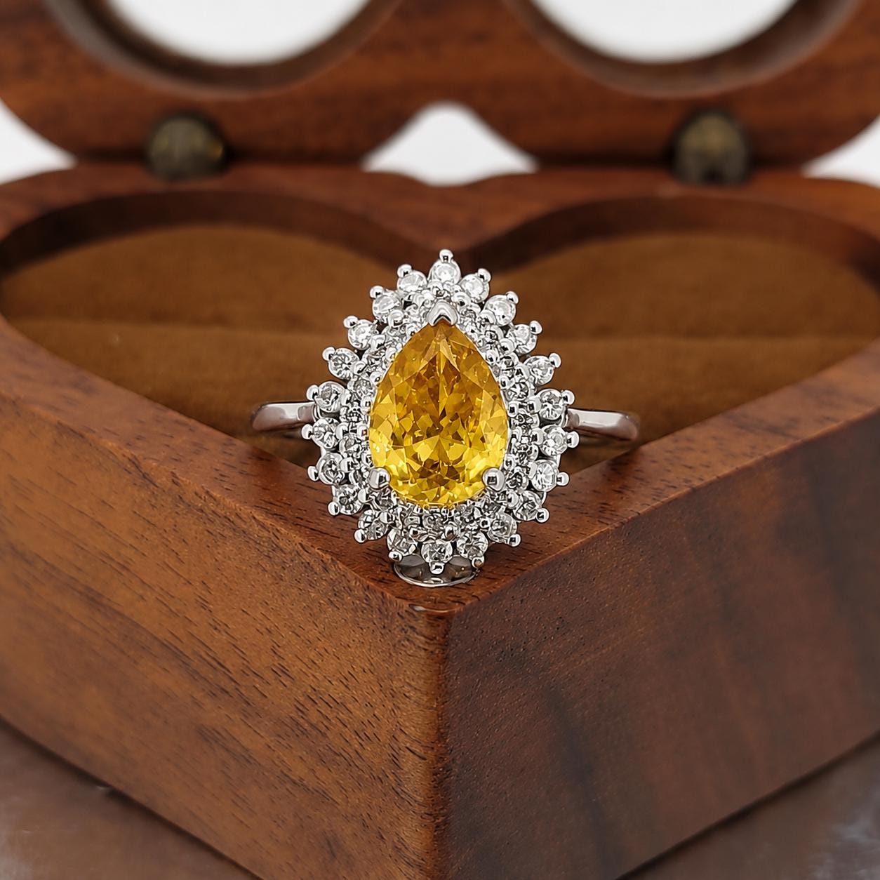 1.5 Ct Double Halo Pear Shape Cut Yellow sapphire Engagement Ring, Certified Pear cut, Natural Diamond ring, Yellow sapphire ring for Her. Pear cut 1Ct Natural Sapphire engagement ring in 935 Argentium Silver — custom handcrafted by Forever For Love