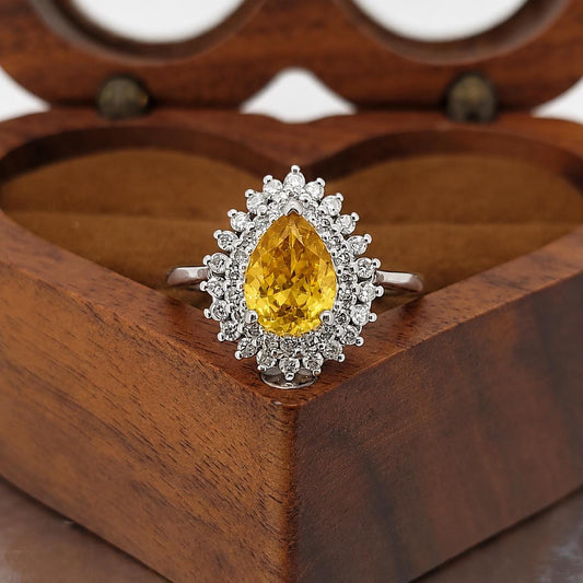 1.5 Ct Double Halo Pear Shape Cut Yellow sapphire Engagement Ring, Certified Pear cut, Natural Diamond ring, Yellow sapphire ring for Her.