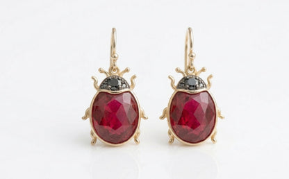 Boucles d'oreilles pendantes Coccinelle en or 14 carats avec rubis, boucles d'oreilles en rubis naturel, boucles d'oreilles en or massif 14 carats, cadeau parfait pour elle