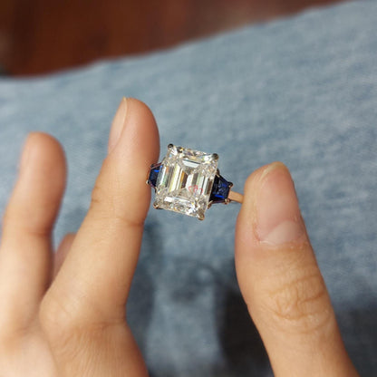 5 Ct Emerald Blue Moissanite, Sapphire Three Stone Ring