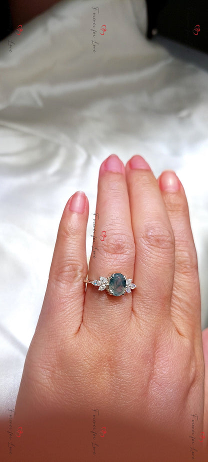 Natural Moss Agate Oval Engagement Ring White Gold Accented Vintage Promise Ring Marquise Diamond Promise Ring Anniversary Wedding Ring