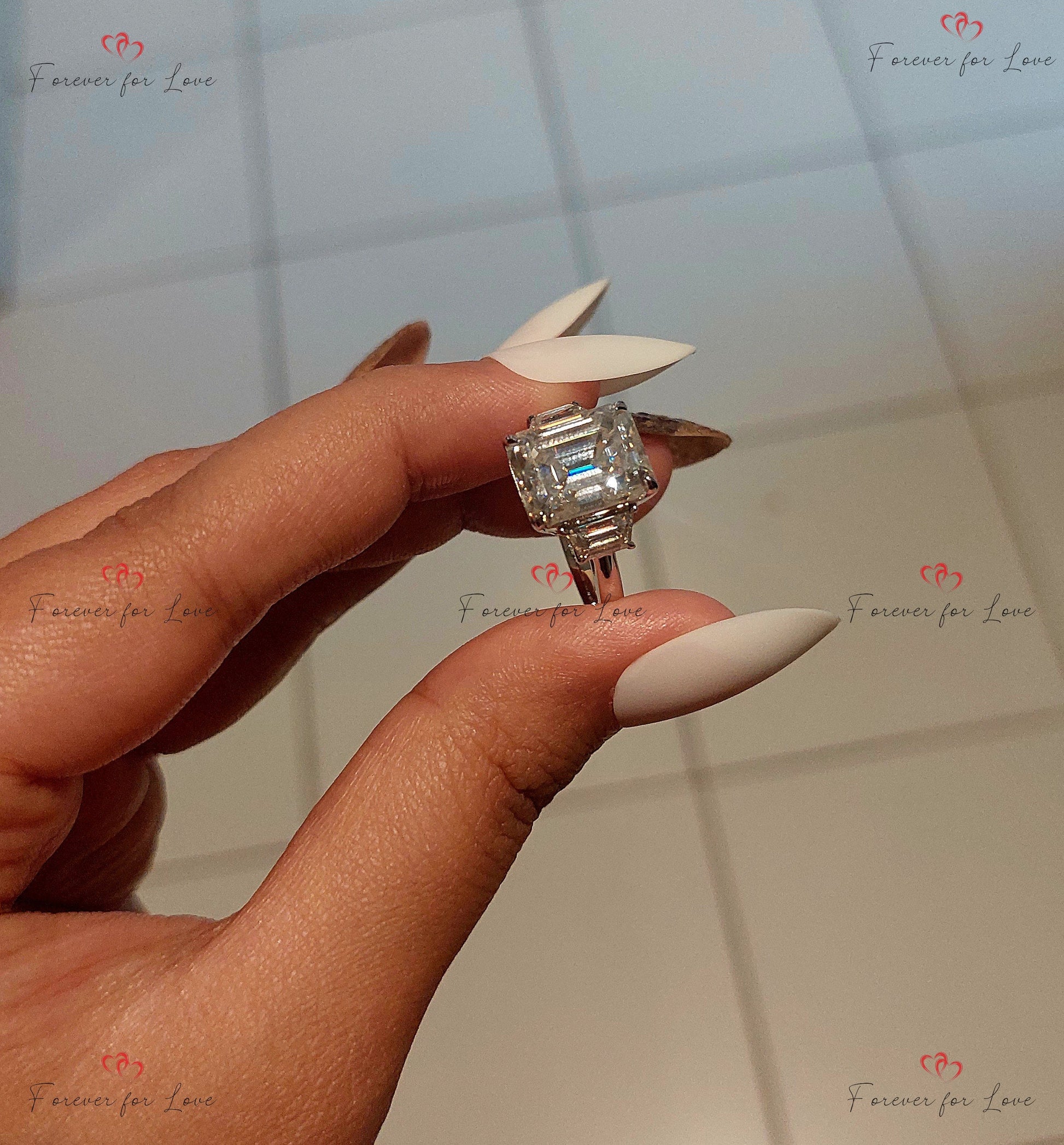 5Ct Emerald Cut Diamond Emerald Cut and Trapezoid Cut Diamond Engagement Ring, Three Stone Wedding Ring, Anniversary Trilogy Ring.