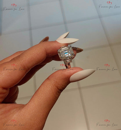 5Ct Emerald Cut Diamond Emerald Cut and Trapezoid Cut Diamond Engagement Ring, Three Stone Wedding Ring, Anniversary Trilogy Ring.