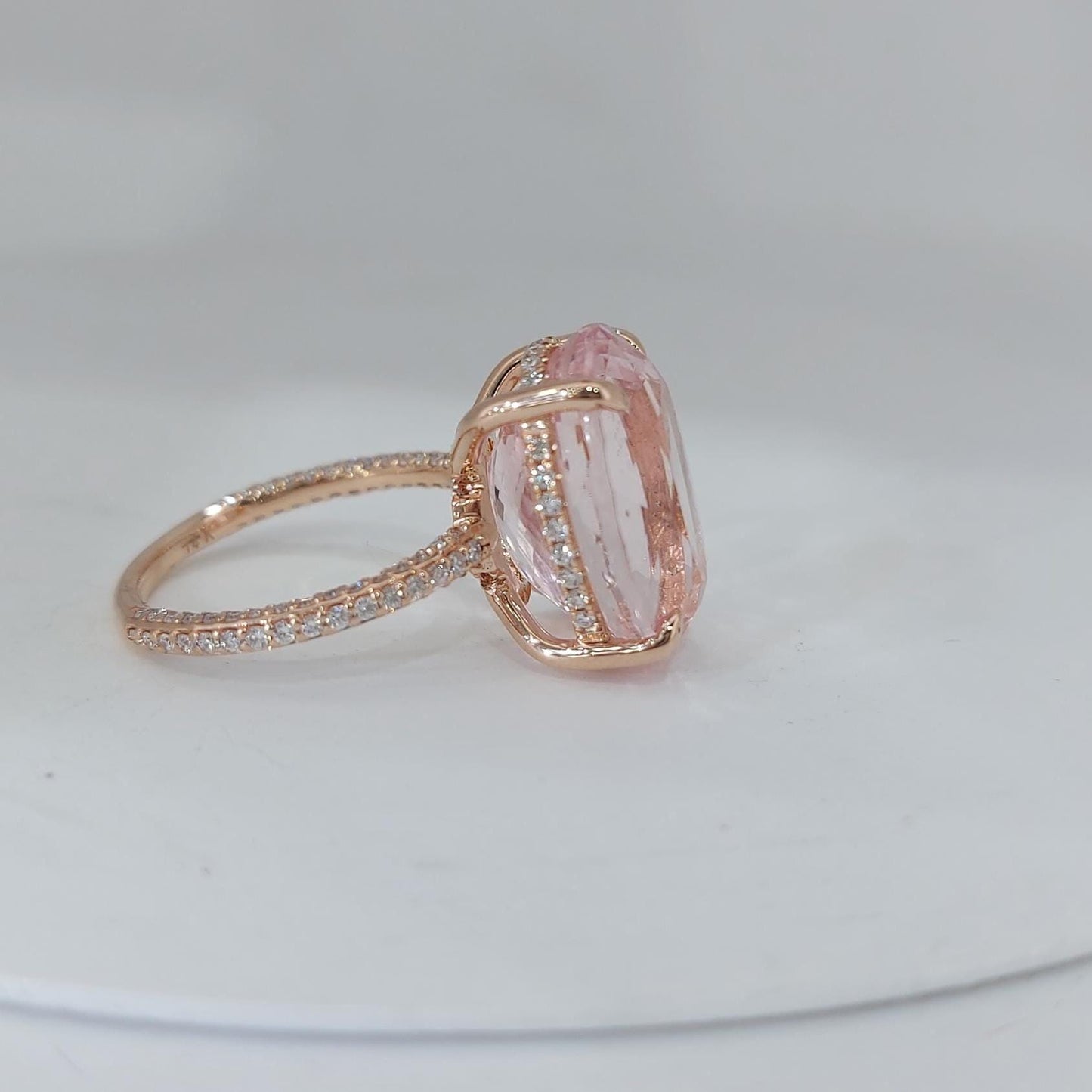 8 Ct Oval Morganite Hidden Halo Engagement Ring Oval cut Moissanite engagement ring in Gold or Platinum — custom handcrafted by Forever For Love