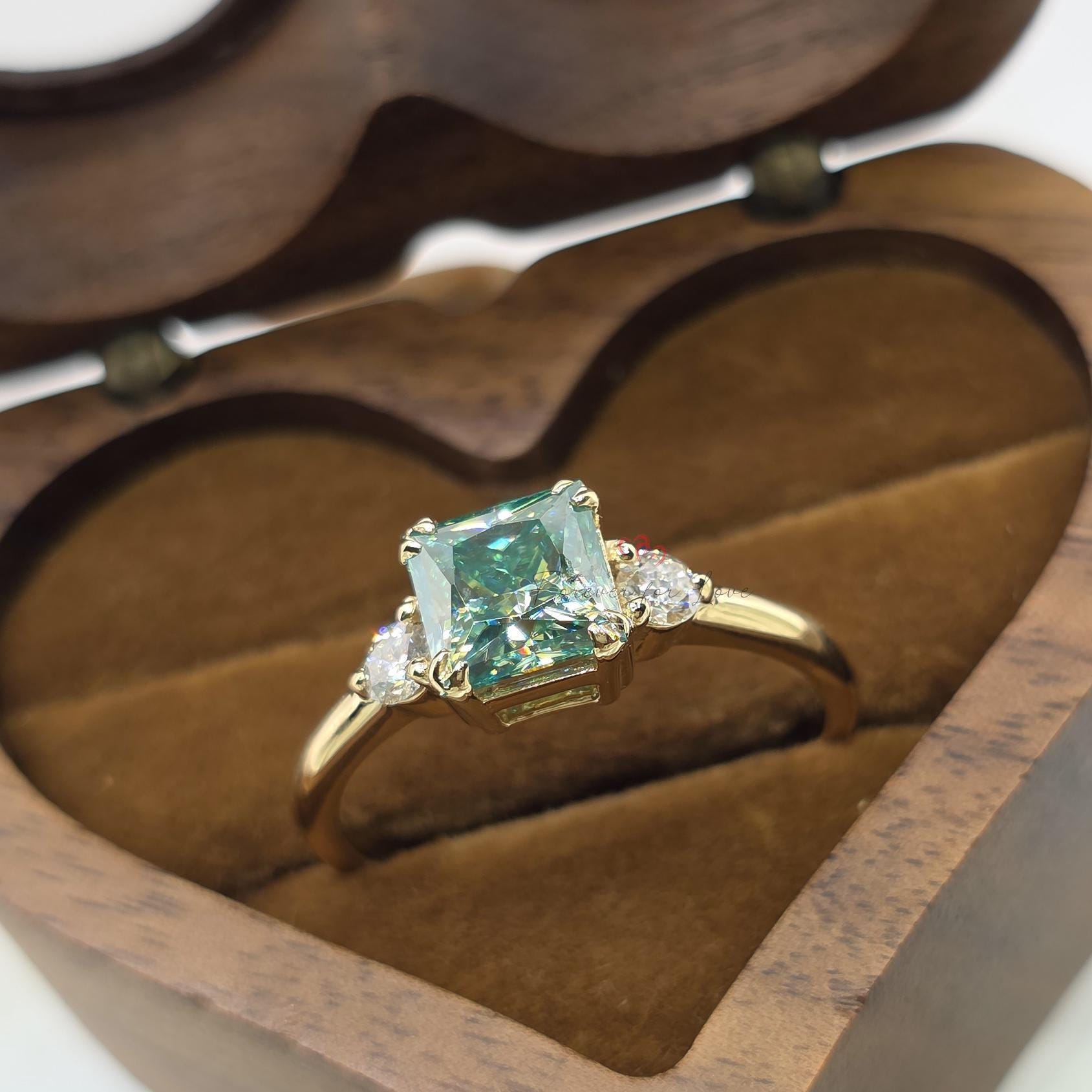 2 Ct Green Moissanite Three Stone Engagement Ring