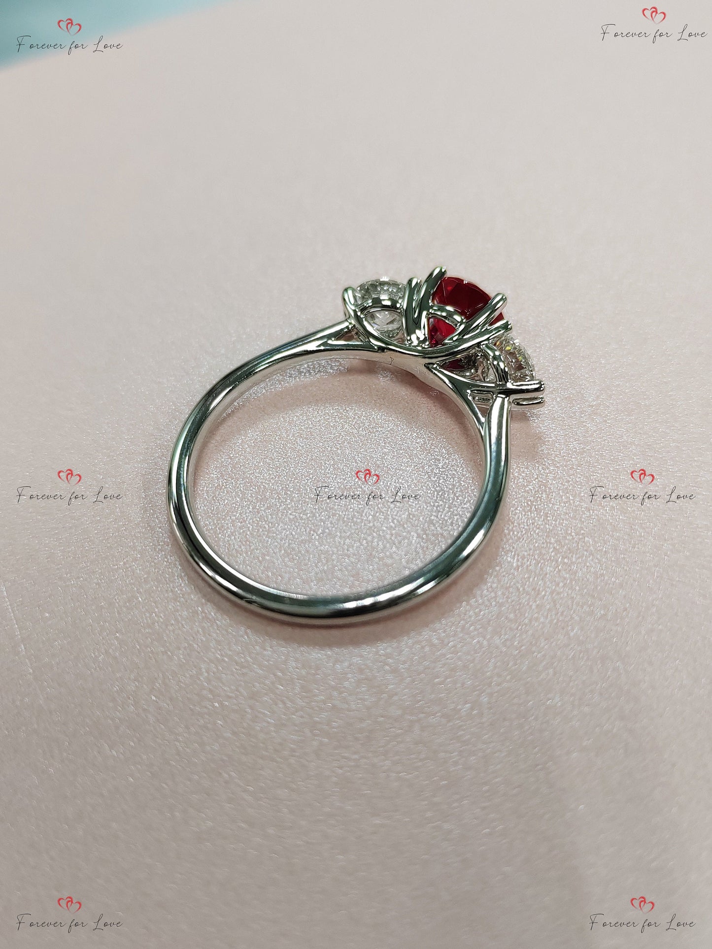 Natural Diamond, Ruby Three Stone Engagement Ring Trilogy cut Moissanite engagement ring in Gold or Platinum — custom handcrafted by Forever For Love