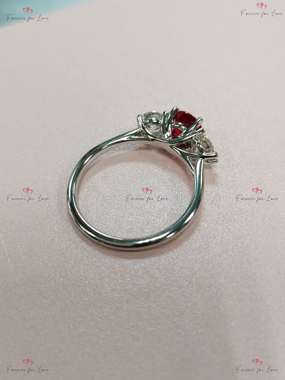 Natural Diamond, Ruby Three Stone Engagement Ring