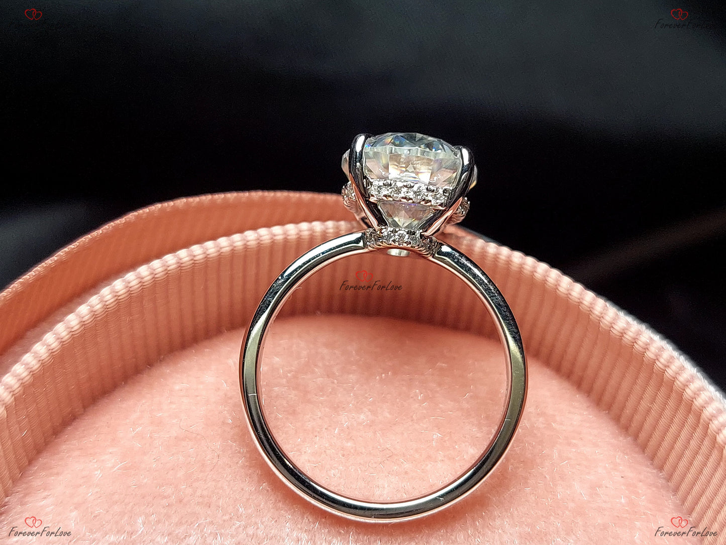 4.5 Ct Oval Diamond Moissanite Hidden Halo Engagement Ring with Crushed Ice Oval cut 1Ct Moissanite Brilliant Cut engagement ring in 935 Argentium Silver — custom handcrafted by Forever For Love