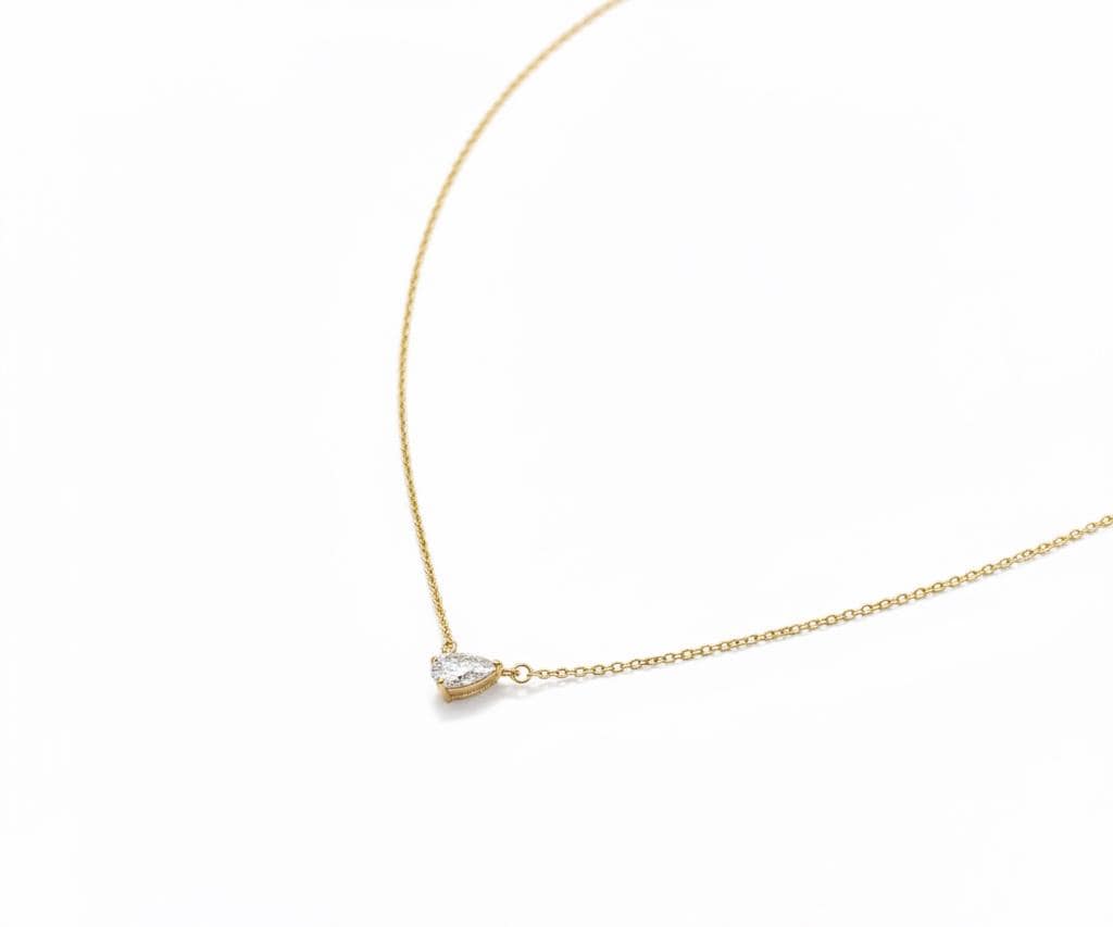 Pear diamond Necklace, 14k Yellow Gold, Dainty Minimalist Pear Pendant, Lab Diamond Womens Necklace, Special Gift For Her. Moissanite engagement ring in Gold or Platinum — custom handcrafted by Forever For Love
