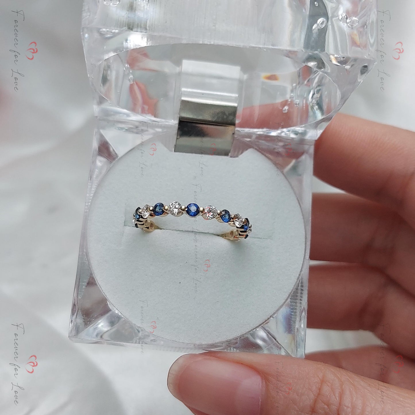 Round Diamond & Sapphire Eternity Band Round cut Natural Sapphire engagement ring in 935 Argentium Silver — custom handcrafted by Forever For Love