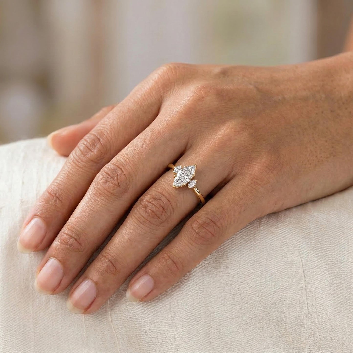 1 Ct Marquise Lab Diamond Three Stone Engagement Ring Marquise cut Moissanite engagement ring in Gold or Platinum — custom handcrafted by Forever For Love