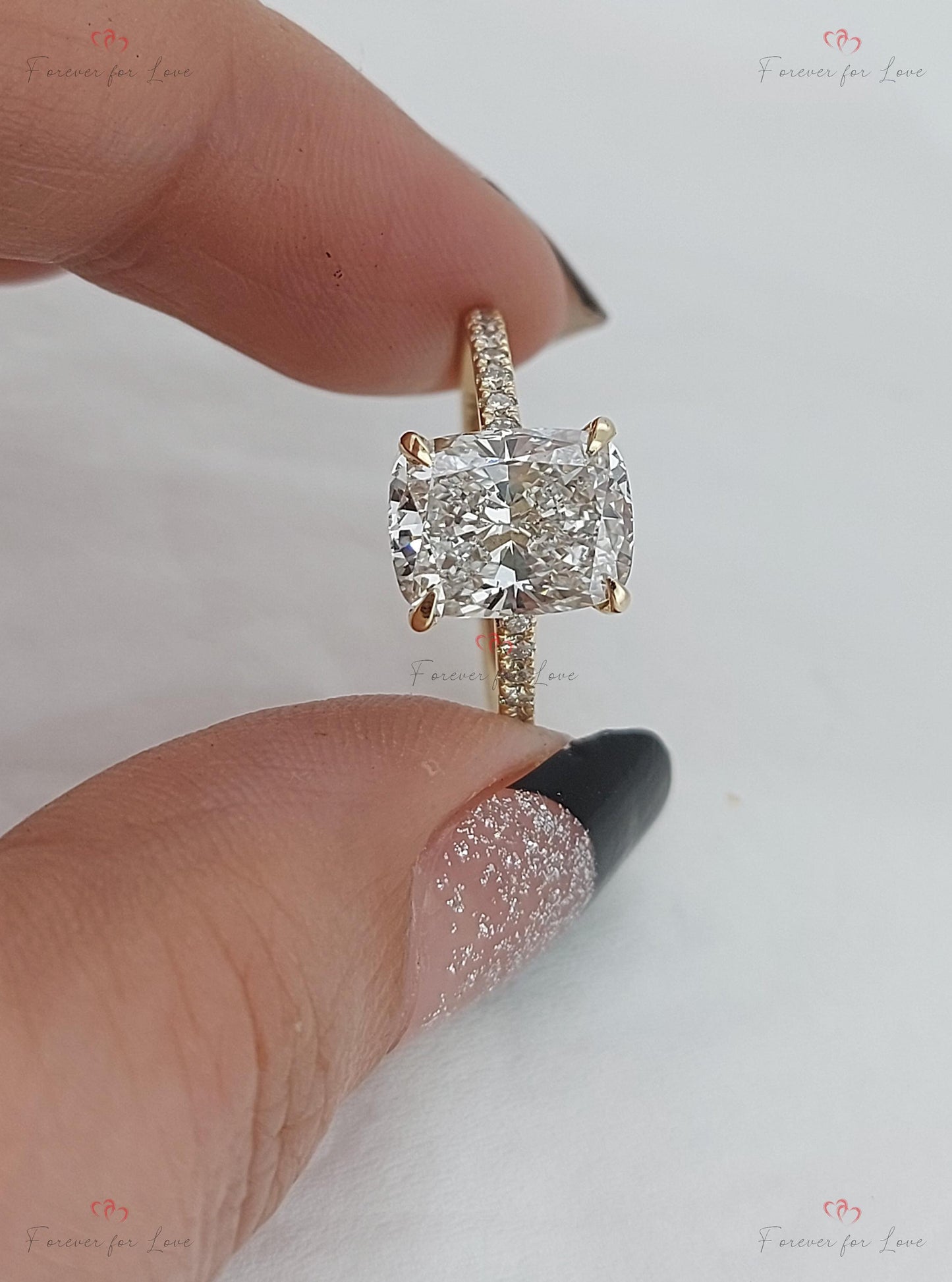 3 Ct IGI Certified Cushion Lab Diamond Hidden Halo Engagement Ring Cushion cut 1Ct Moissanite Brilliant Cut engagement ring in 935 Argentium Silver — custom handcrafted by Forever For Love