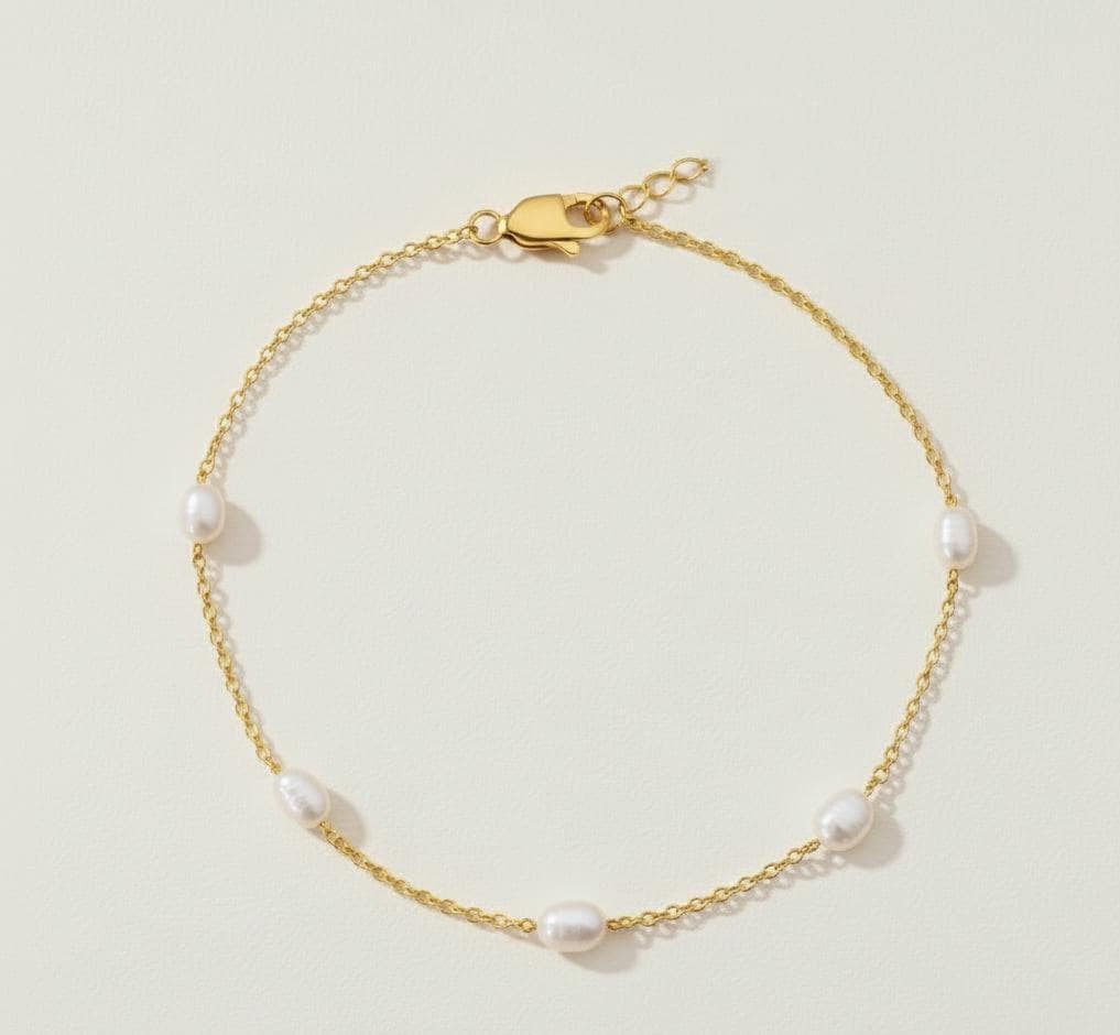 Oval Pearl Beaded Gold Bracelet, 14k Solid Gold Chain with 3mm Natural Pearls, 5 Pearl Stations on Gold Dainty Chain, Gift for Her Moissanite engagement ring in Gold or Platinum — custom handcrafted by Forever For Love