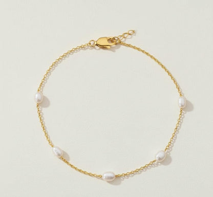 Oval Pearl Beaded Gold Bracelet, 14k Solid Gold Chain with 3mm Natural Pearls, 5 Pearl Stations on Gold Dainty Chain, Gift for Her
