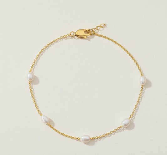 Oval Pearl Beaded Gold Bracelet, 14k Solid Gold Chain with 3mm Natural Pearls, 5 Pearl Stations on Gold Dainty Chain, Gift for Her