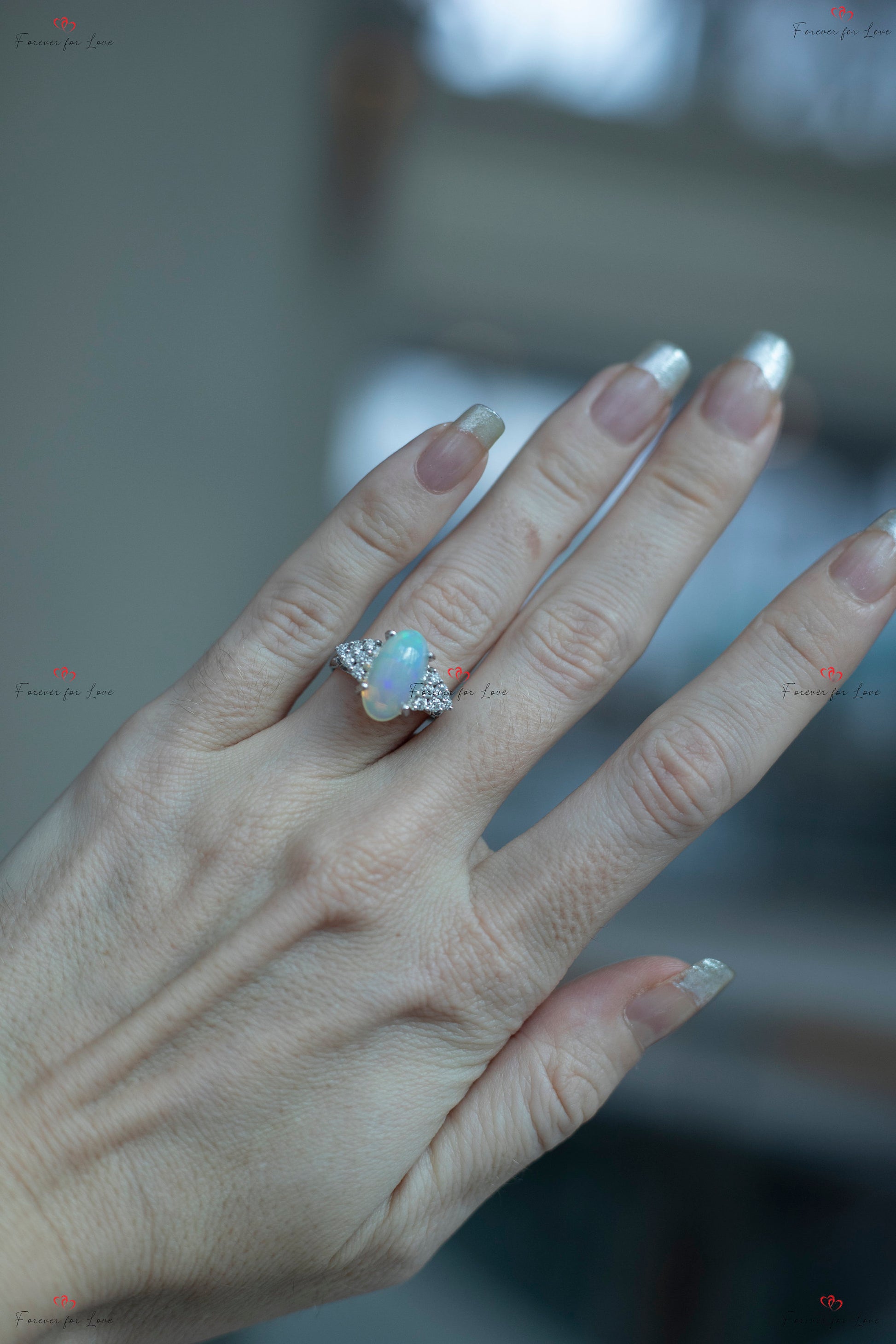 Oval Moissanite, Opal Engagement Ring