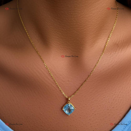 Aquamarin-Halskette mit Anhänger aus 14 Karat Massivgelbgold für Damen, kissenförmiger Aquamarin-Anhänger, Geburtsstein März.