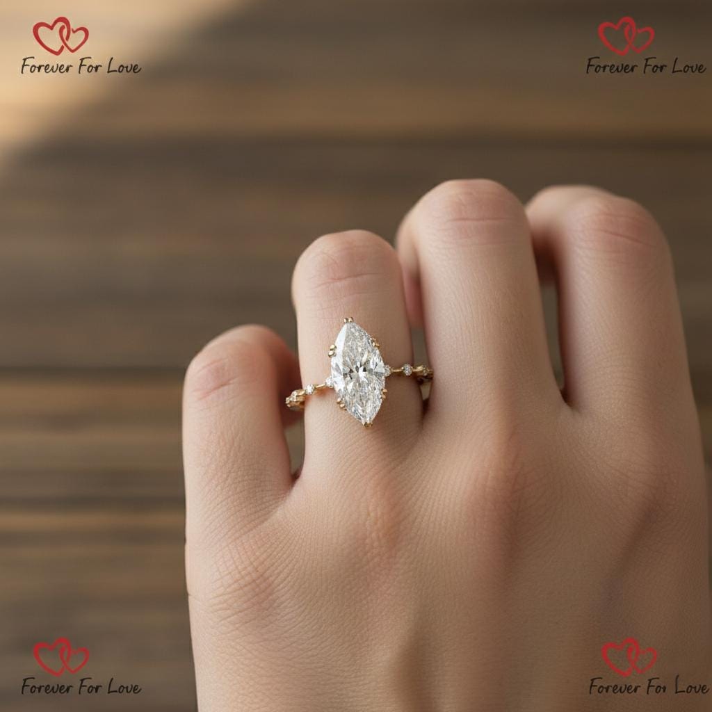4.1 Ct Marquise Lab Diamond Solitaire with Side Stones Marquise cut 1Ct Moissanite Brilliant Cut engagement ring in 935 Argentium Silver — custom handcrafted by Forever For Love