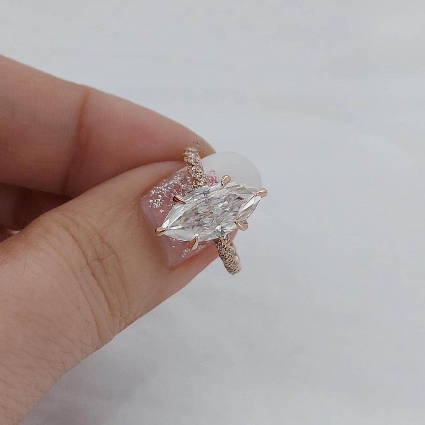 2 Ct Marquise Moissanite Engagement Ring with Diamond Band Marquise cut Moissanite Brilliant Cut engagement ring in 935 Argentium Silver — custom handcrafted by Forever For Love