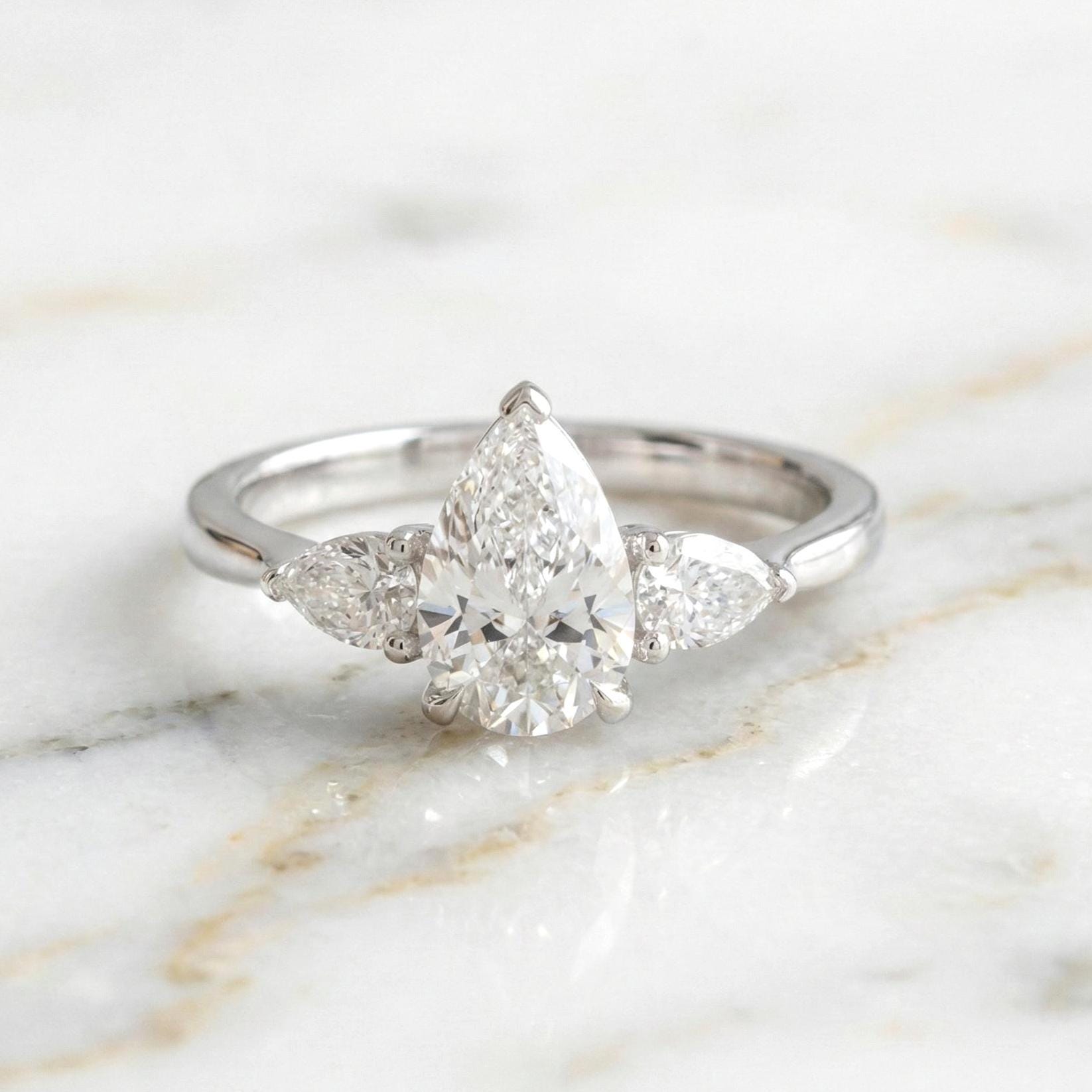 2.5 Ct IGI Certified Pear Lab Diamond Three Stone Engagement Ring