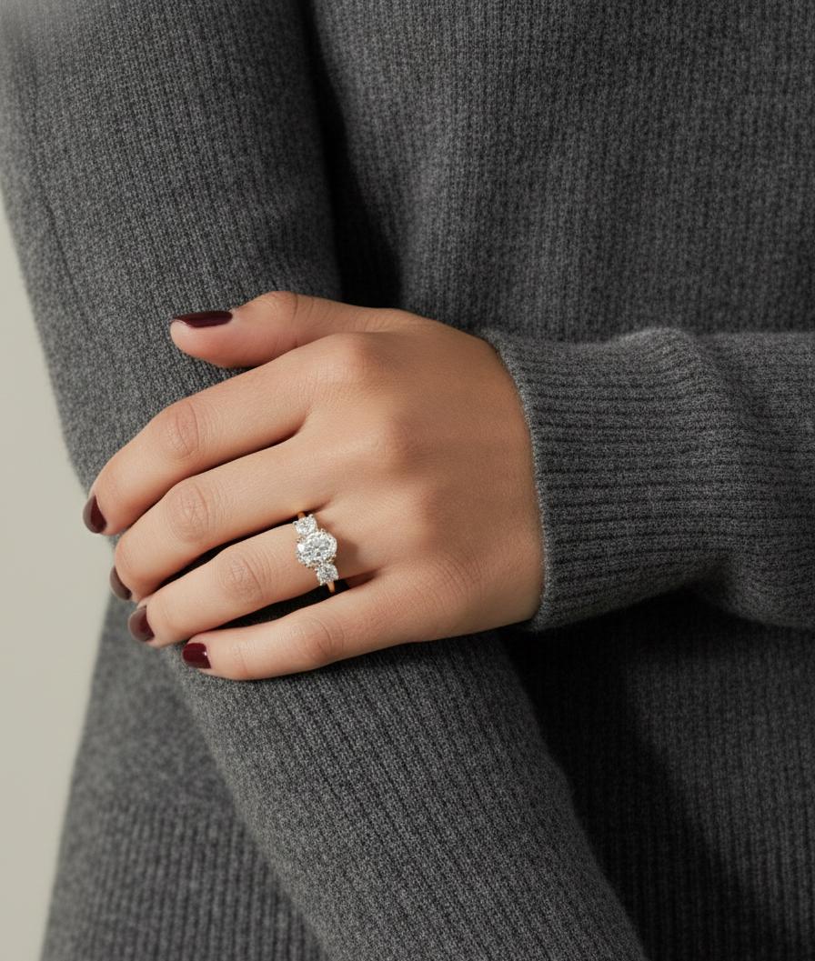 3 Ct Oval Lab Diamond Three Stone Trilogy Ring Oval cut Moissanite engagement ring in Gold or Platinum — custom handcrafted by Forever For Love