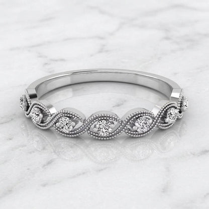 14k Solid Gold Art Deco Wedding Band, Pave Diamond Ring, Vintage Wedding Ring, Half Eternity Band, Milgrain Band Dainty Lab Grown Diamond