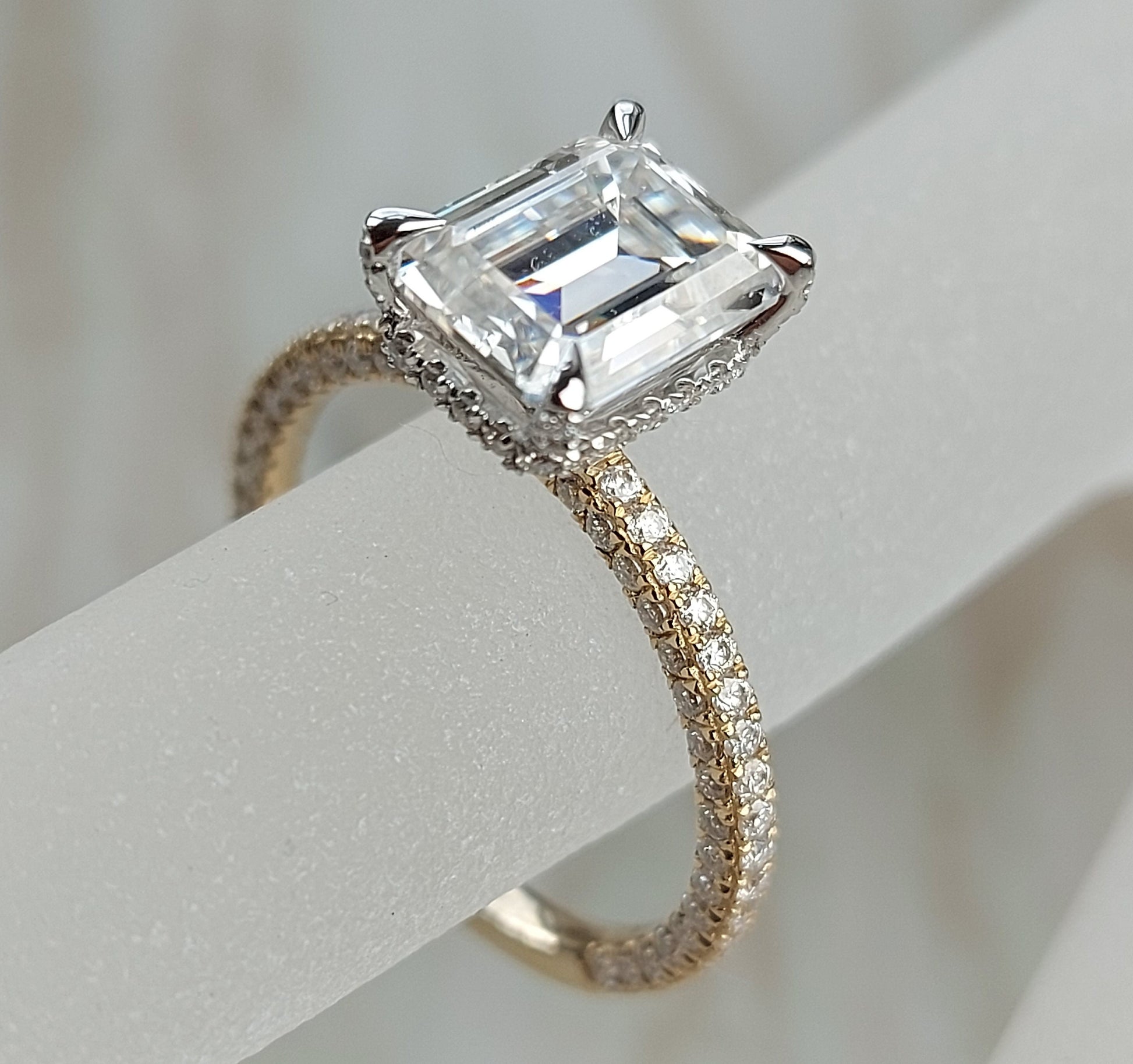 3 CT/9* 7mm Emerald Cut Two Tone Engagement Ring, Moissanite Emerald Engagement Ring, Emerald Cut Solitaire Ring.