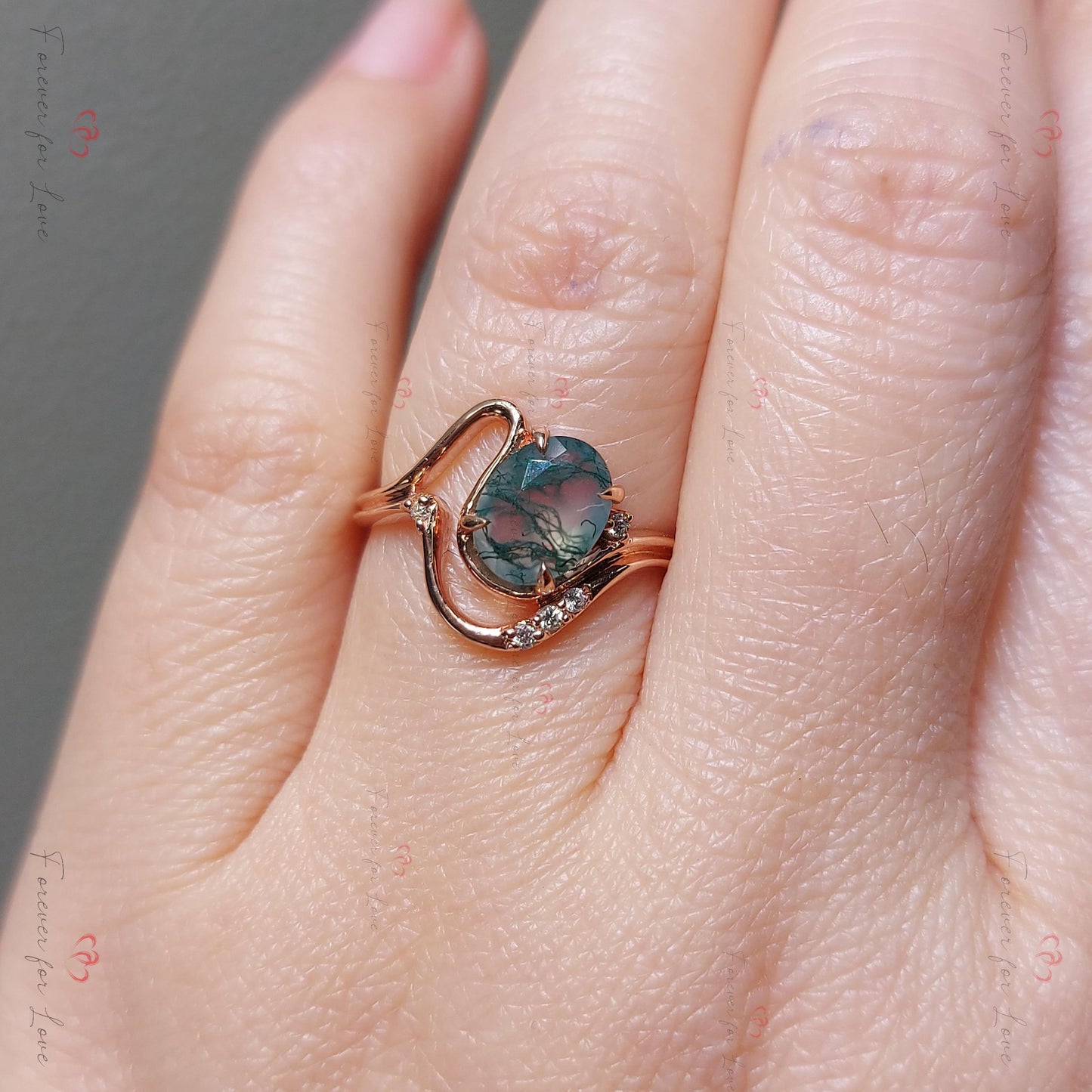 Oval Moss Agate Solitaire Ring Oval cut Natural Moss Agate engagement ring in 935 Argentium Silver — custom handcrafted by Forever For Love
