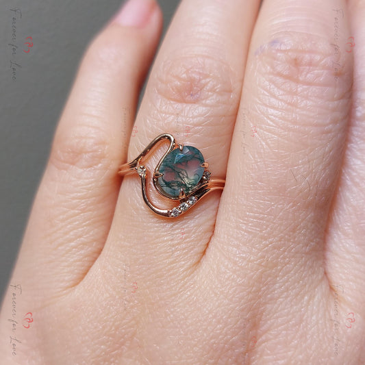 Oval Moss Agate Solitaire Engagement Ring