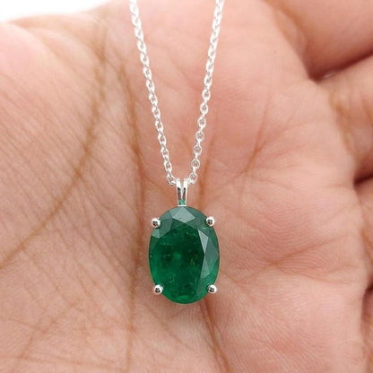 Emerald Pendant Necklace 14K Solid White Gold For Ladies Oval Shaped Emerald Necklace Pendant, Birthstone necklace, Perfect gift