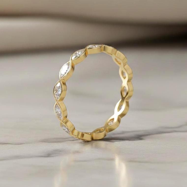 Diamond Marquise cut wedding east west band women Full eternity band Unique Yellow gold wedding vintage Matching bridal Stacking ring.