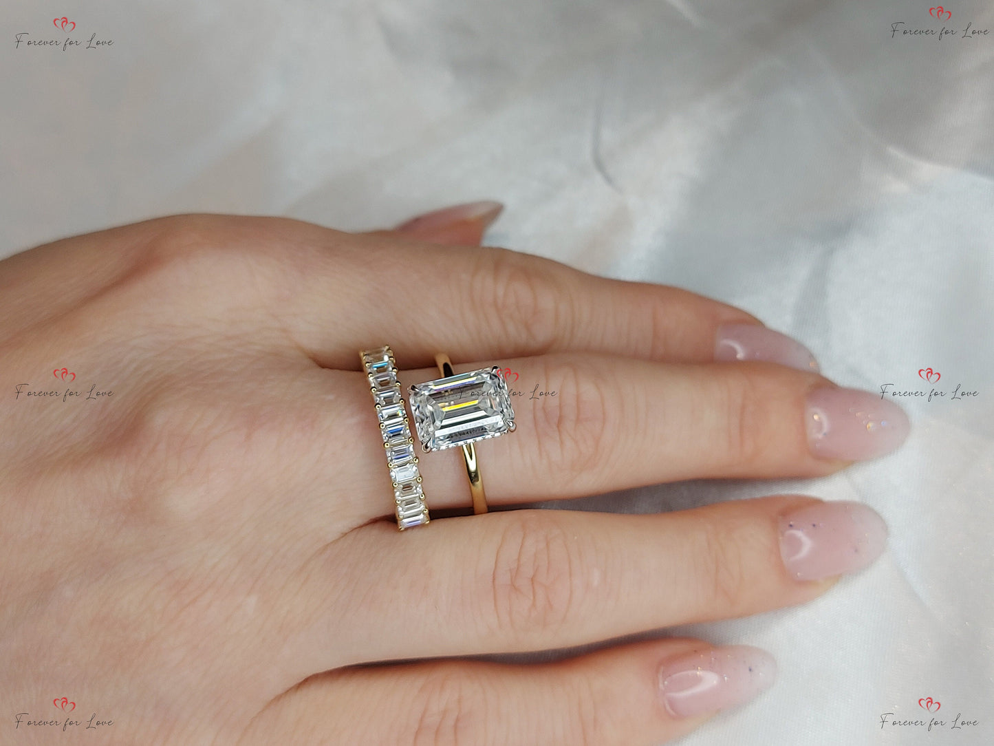 4 Ct Emerald Moissanite Eternity Band Emerald cut Moissanite Brilliant Cut engagement ring in 935 Argentium Silver — custom handcrafted by Forever For Love