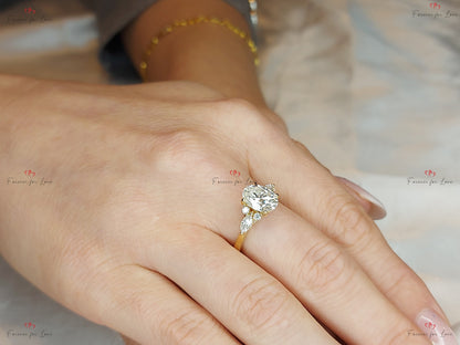 Oval Moissanite engagement ring unique Cluster Yellow gold engagement ring women Marquise diamond wedding Bridal art deco Anniversary Ring.