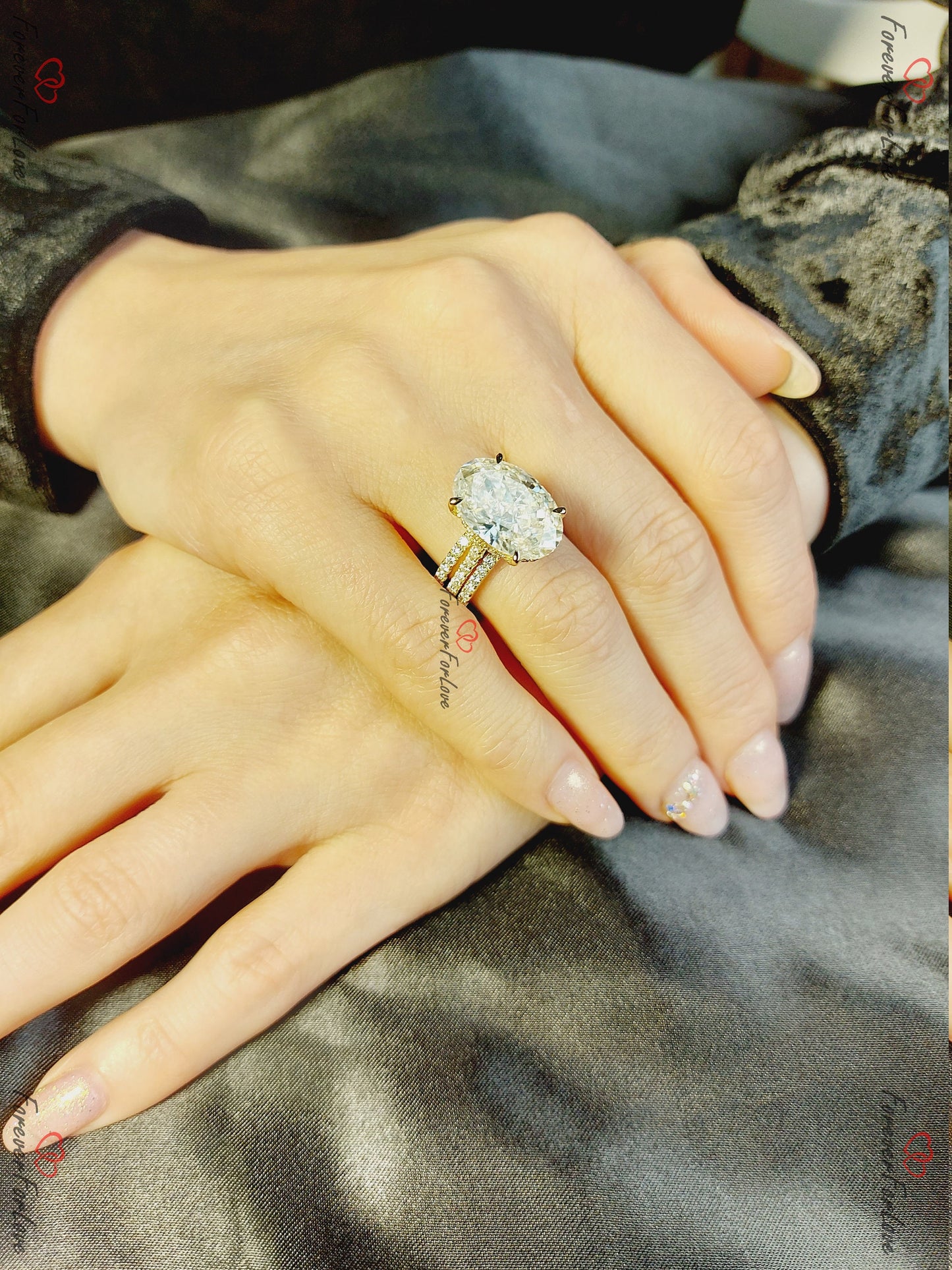 9.5 Ct Oval Diamond, Moissanite Halo Engagement Ring Oval cut Moissanite Brilliant Cut engagement ring in 935 Argentium Silver — custom handcrafted by Forever For Love