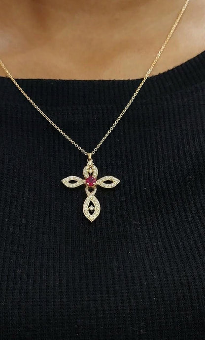 Verdrehte Gold Kreuzkette mit Rubin Diamant für Frauen, Diamant Kreuzanhänger, Christlicher Glaubensanhänger, Kreuzgeschenk für Frauen