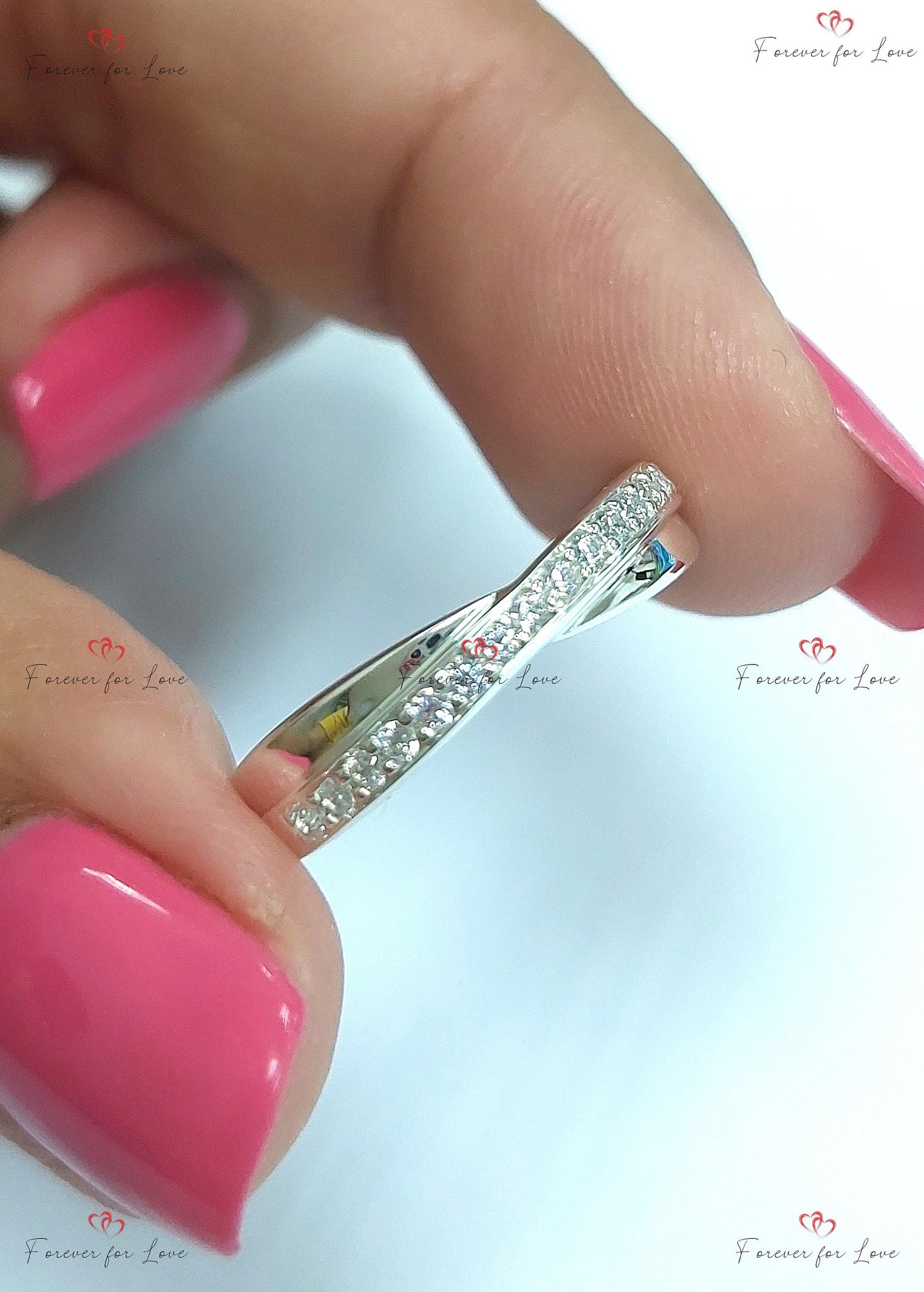 Twist Diamond Eternity Band Round cut Moissanite Brilliant Cut engagement ring in 935 Argentium Silver — custom handcrafted by Forever For Love