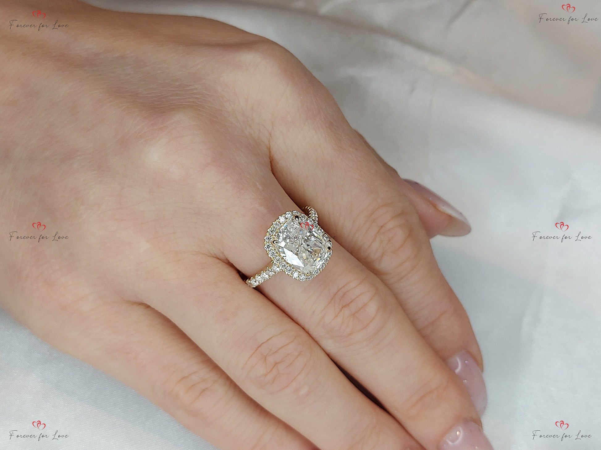 Cushion Diamond, Moissanite Hidden Halo Engagement Ring
