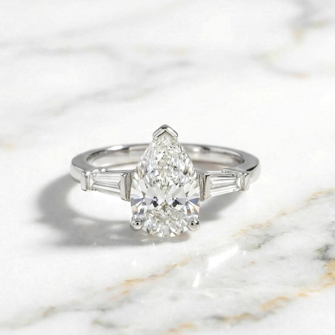 2.5 Ct IGI Certified Pear Lab Diamond Three Stone Engagement Ring