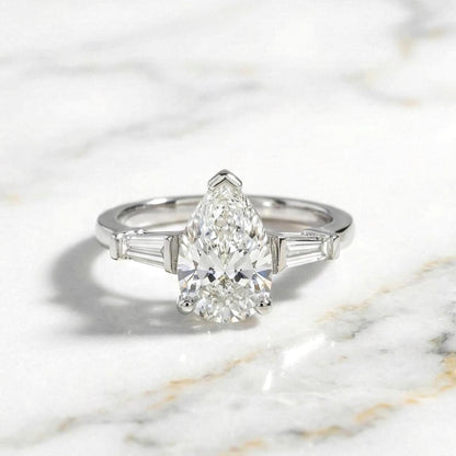 2.5 Ct IGI Certified Pear Lab Diamond Three Stone Engagement Ring